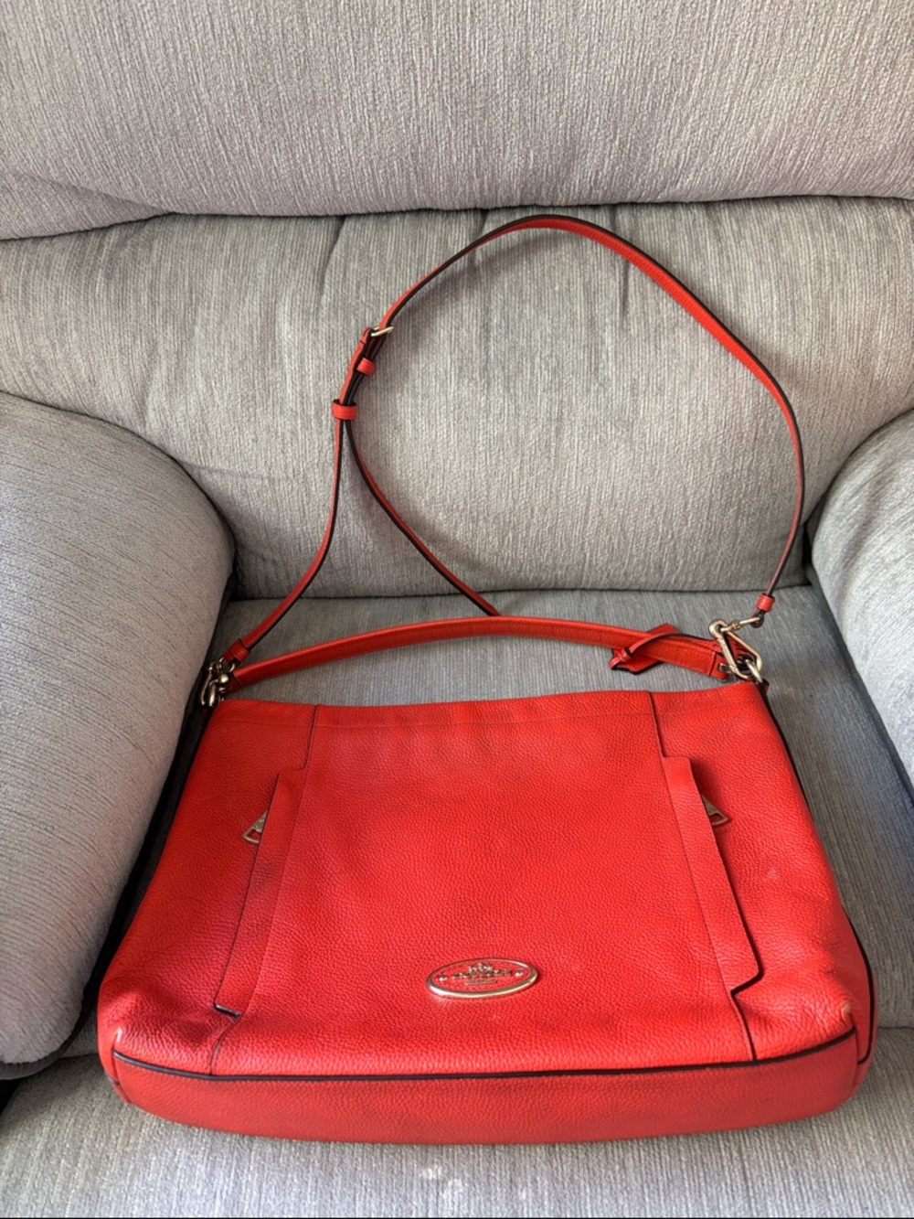 Classic orange Leather Shoulder Bag with Adjustable Strap
